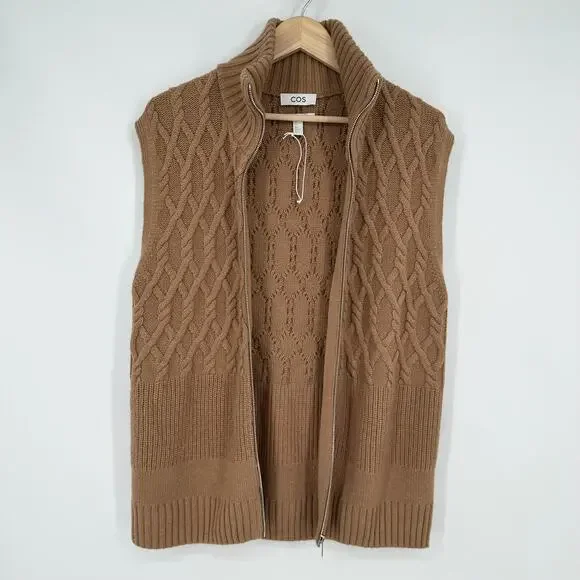 COS Men's Cable Knit Sweater Vest 100% Wool Sleeveless Full Zip Rib Knit, Tan - Picture 11 of 14